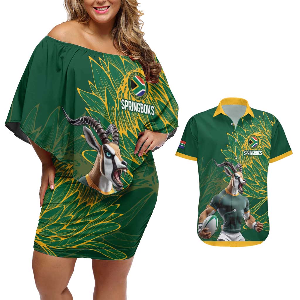 Custom Rugby South Africa Couples Matching Off Shoulder Short Dress and Hawaiian Shirt Springboks Mascot - Wonder Print Shop