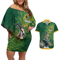 Custom Rugby South Africa Couples Matching Off Shoulder Short Dress and Hawaiian Shirt Springboks Mascot - Wonder Print Shop