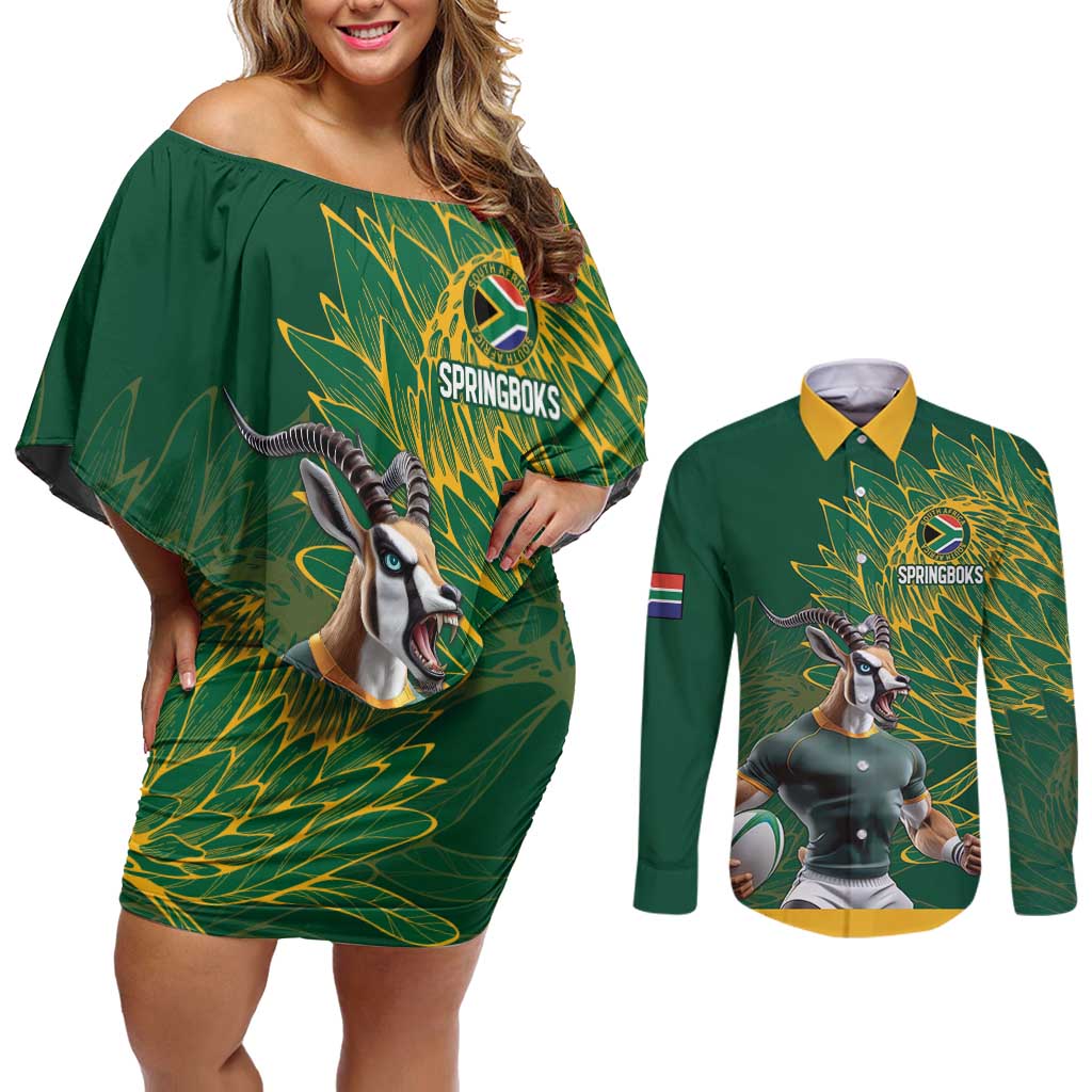 Custom Rugby South Africa Couples Matching Off Shoulder Short Dress and Long Sleeve Button Shirt Springboks Mascot - Wonder Print Shop