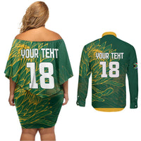 Custom Rugby South Africa Couples Matching Off Shoulder Short Dress and Long Sleeve Button Shirt Springboks Mascot - Wonder Print Shop