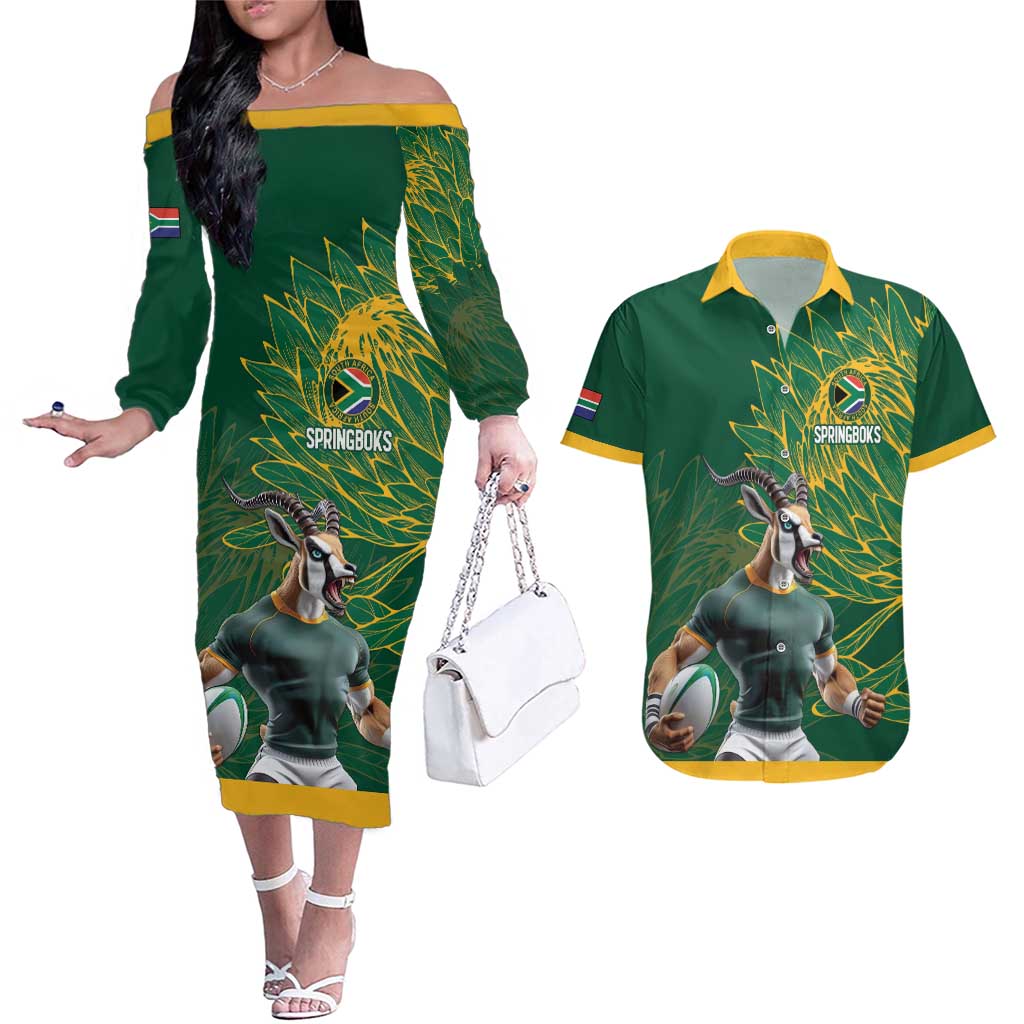 Custom Rugby South Africa Couples Matching Off The Shoulder Long Sleeve Dress and Hawaiian Shirt Springboks Mascot - Wonder Print Shop