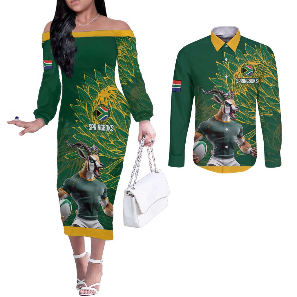 Custom Rugby South Africa Couples Matching Off The Shoulder Long Sleeve Dress and Long Sleeve Button Shirt Springboks Mascot - Wonder Print Shop