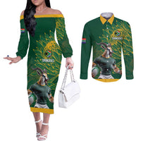 Custom Rugby South Africa Couples Matching Off The Shoulder Long Sleeve Dress and Long Sleeve Button Shirt Springboks Mascot - Wonder Print Shop