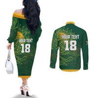 Custom Rugby South Africa Couples Matching Off The Shoulder Long Sleeve Dress and Long Sleeve Button Shirt Springboks Mascot - Wonder Print Shop