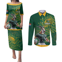 Custom Rugby South Africa Couples Matching Puletasi and Long Sleeve Button Shirt Springboks Mascot - Wonder Print Shop