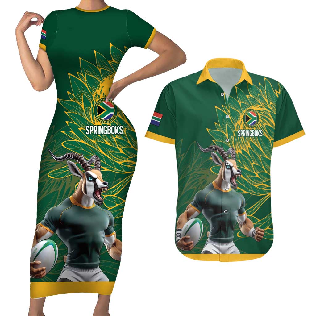 Custom Rugby South Africa Couples Matching Short Sleeve Bodycon Dress and Hawaiian Shirt Springboks Mascot - Wonder Print Shop