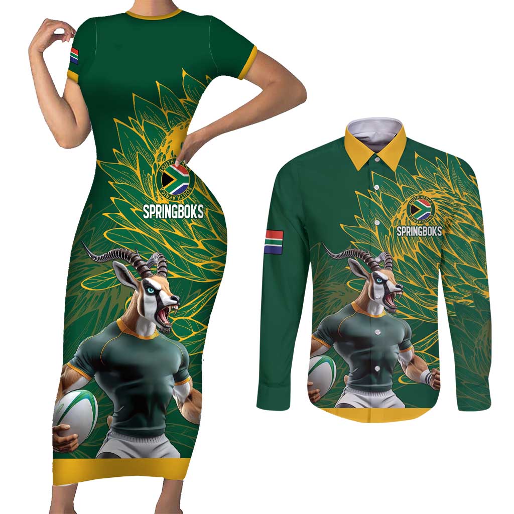 Custom Rugby South Africa Couples Matching Short Sleeve Bodycon Dress and Long Sleeve Button Shirt Springboks Mascot - Wonder Print Shop