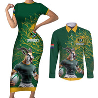 Custom Rugby South Africa Couples Matching Short Sleeve Bodycon Dress and Long Sleeve Button Shirt Springboks Mascot - Wonder Print Shop