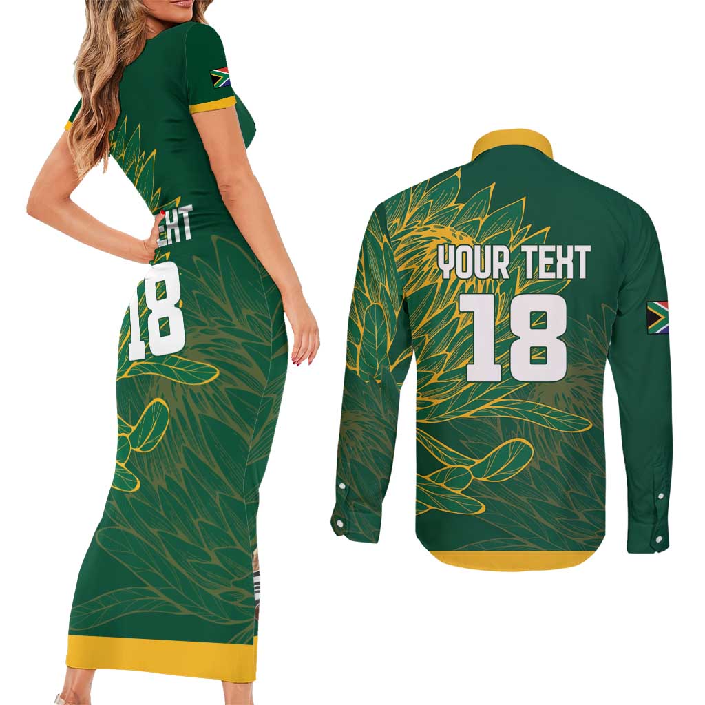 Custom Rugby South Africa Couples Matching Short Sleeve Bodycon Dress and Long Sleeve Button Shirt Springboks Mascot - Wonder Print Shop