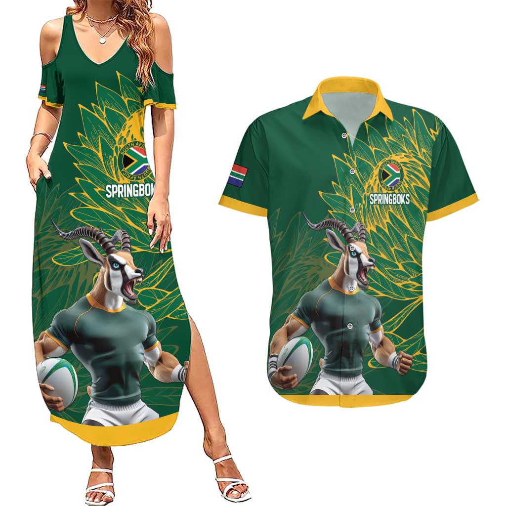 Custom Rugby South Africa Couples Matching Summer Maxi Dress and Hawaiian Shirt Springboks Mascot - Wonder Print Shop