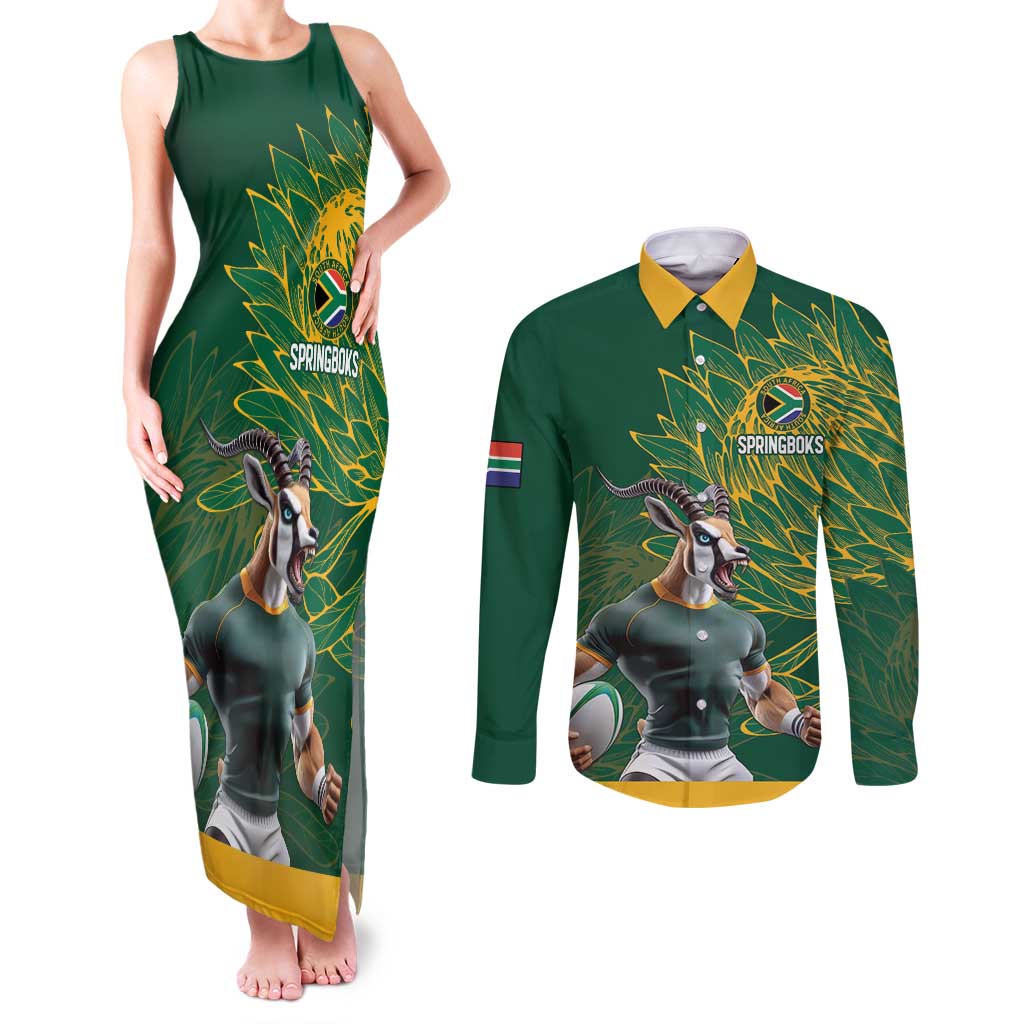 Custom Rugby South Africa Couples Matching Tank Maxi Dress and Long Sleeve Button Shirt Springboks Mascot - Wonder Print Shop