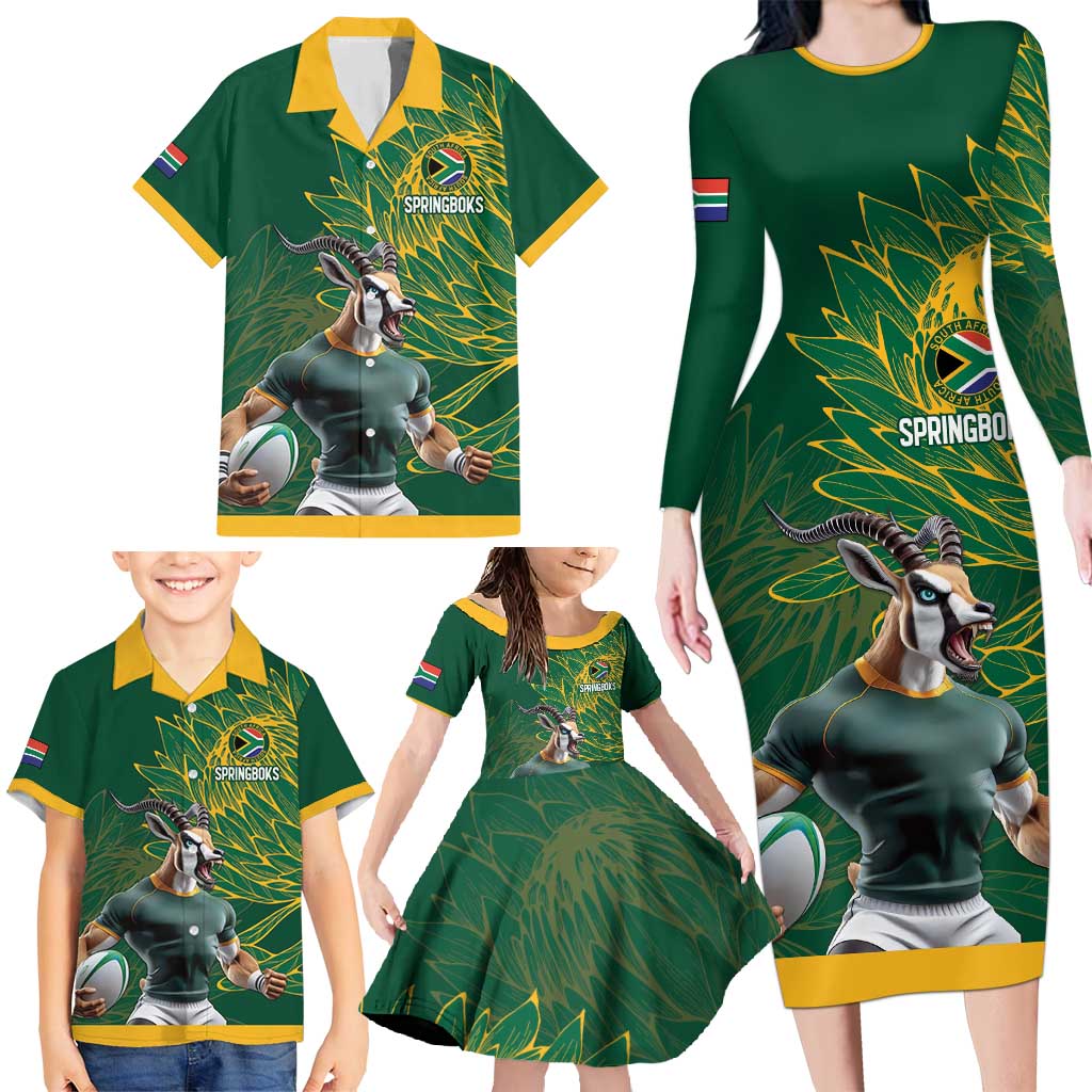 Custom Rugby South Africa Family Matching Long Sleeve Bodycon Dress and Hawaiian Shirt Springboks Mascot - Wonder Print Shop