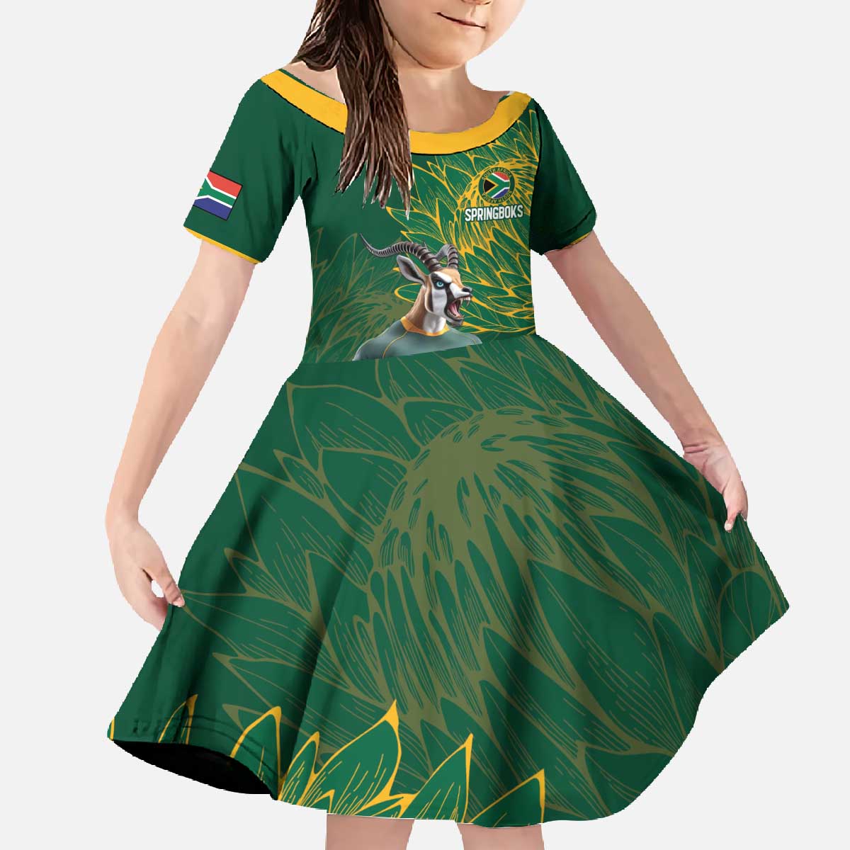 Custom Rugby South Africa Family Matching Off The Shoulder Long Sleeve Dress and Hawaiian Shirt Springboks Mascot - Wonder Print Shop