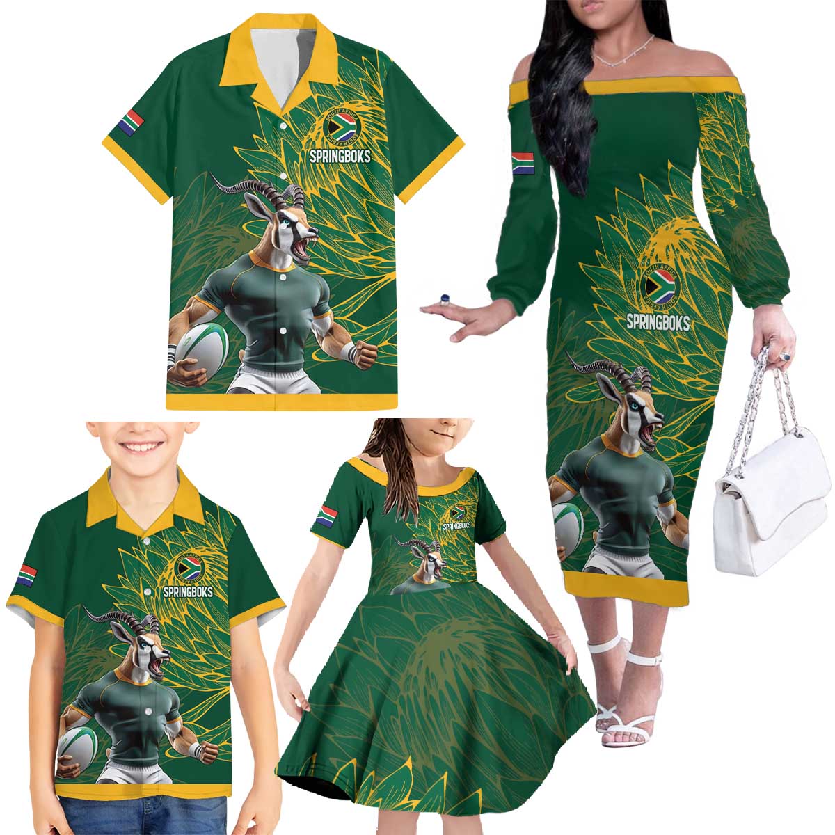 Custom Rugby South Africa Family Matching Off The Shoulder Long Sleeve Dress and Hawaiian Shirt Springboks Mascot - Wonder Print Shop