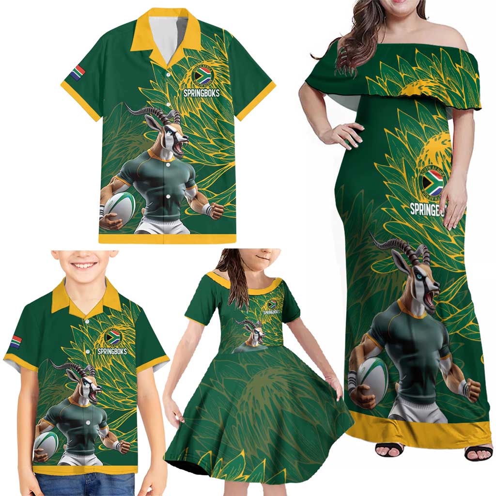 Custom Rugby South Africa Family Matching Off Shoulder Maxi Dress and Hawaiian Shirt Springboks Mascot - Wonder Print Shop