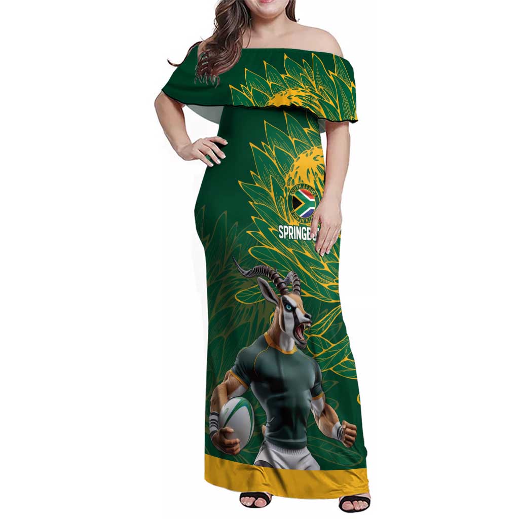 Custom Rugby South Africa Family Matching Off Shoulder Maxi Dress and Hawaiian Shirt Springboks Mascot - Wonder Print Shop