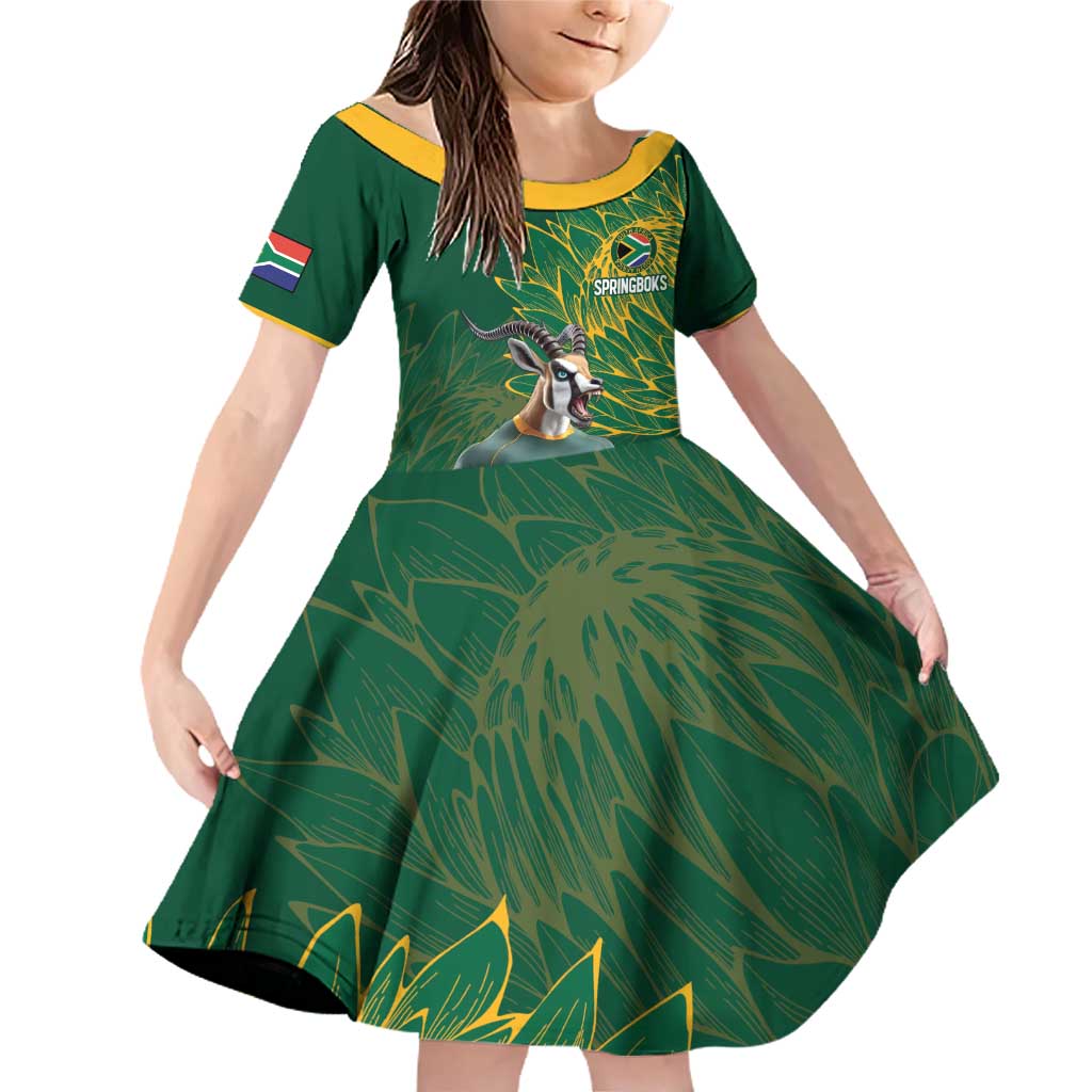 Custom Rugby South Africa Family Matching Off Shoulder Short Dress and Hawaiian Shirt Springboks Mascot - Wonder Print Shop