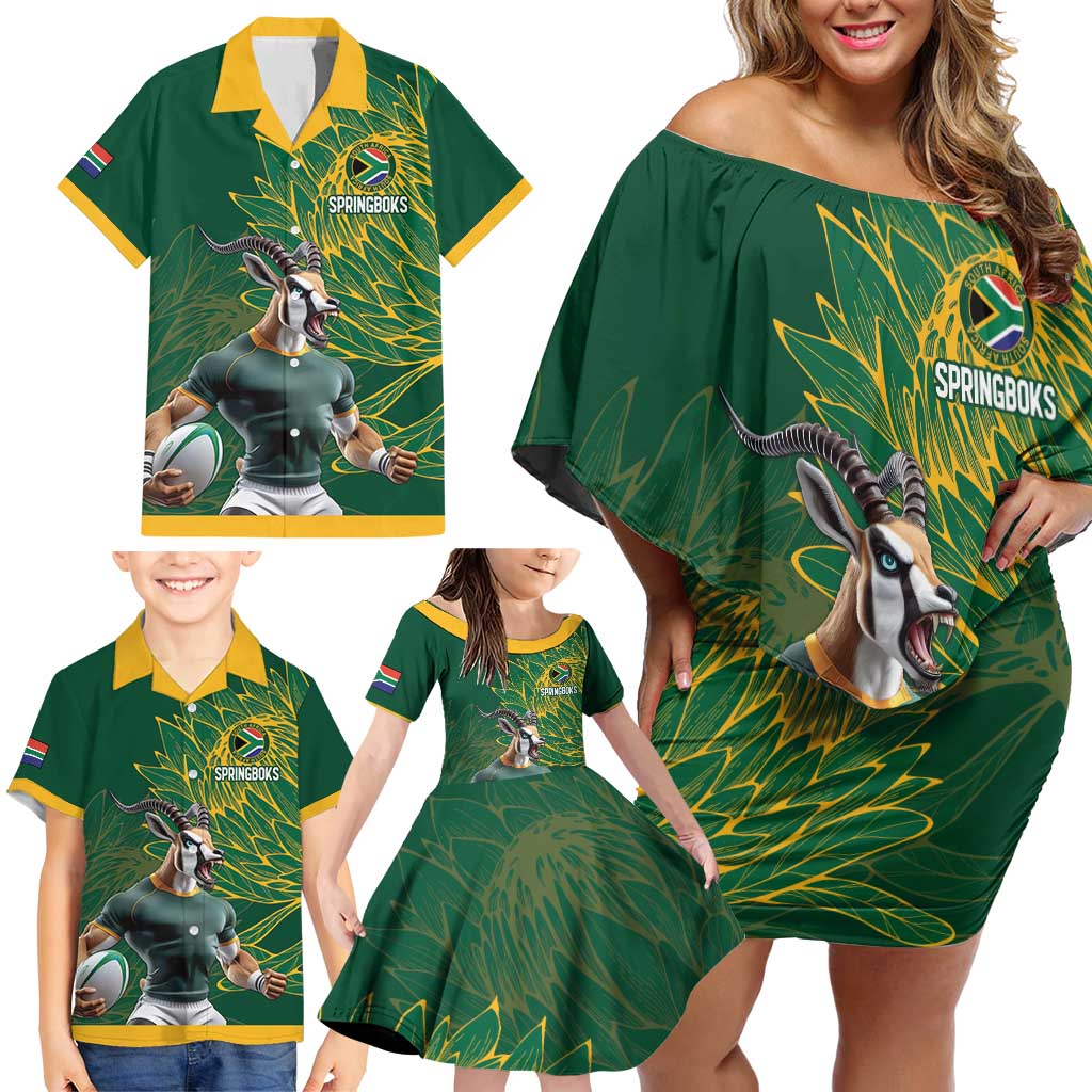 Custom Rugby South Africa Family Matching Off Shoulder Short Dress and Hawaiian Shirt Springboks Mascot - Wonder Print Shop