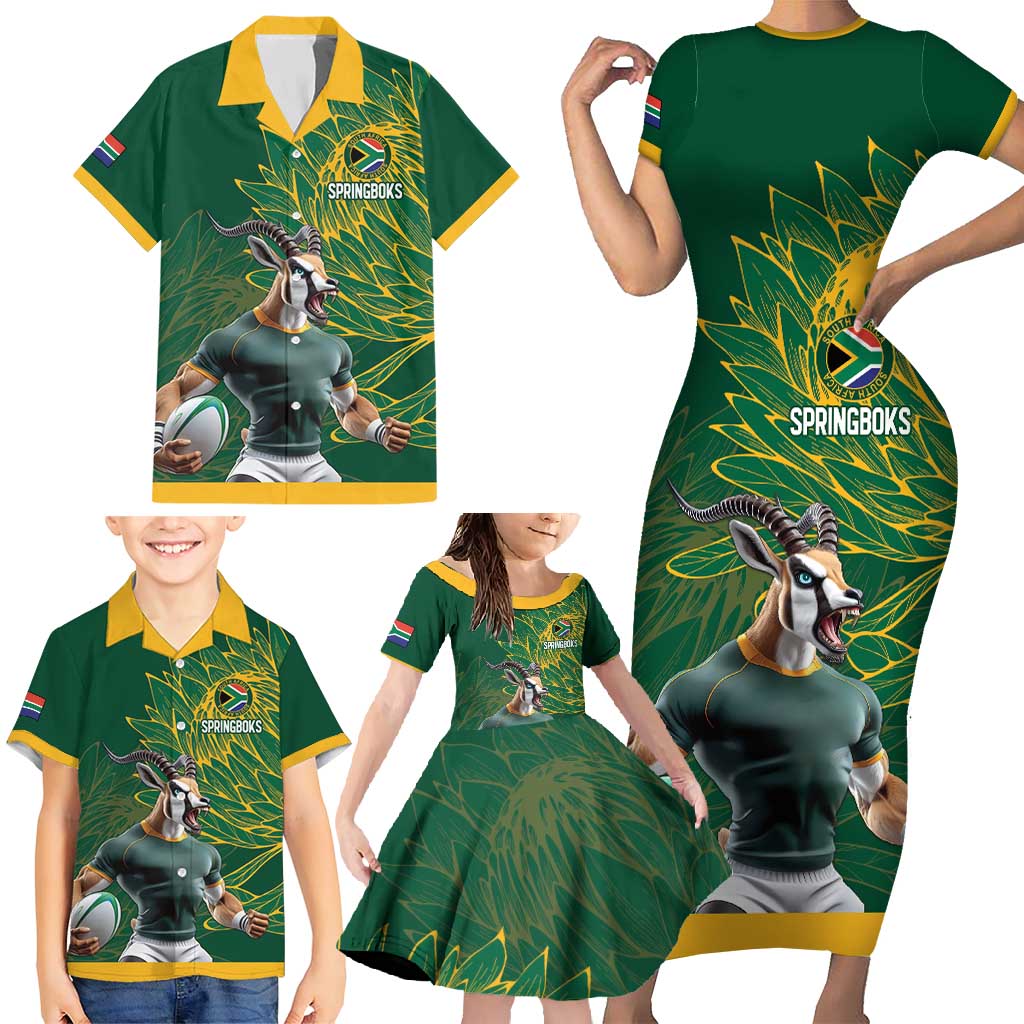Custom Rugby South Africa Family Matching Short Sleeve Bodycon Dress and Hawaiian Shirt Springboks Mascot - Wonder Print Shop