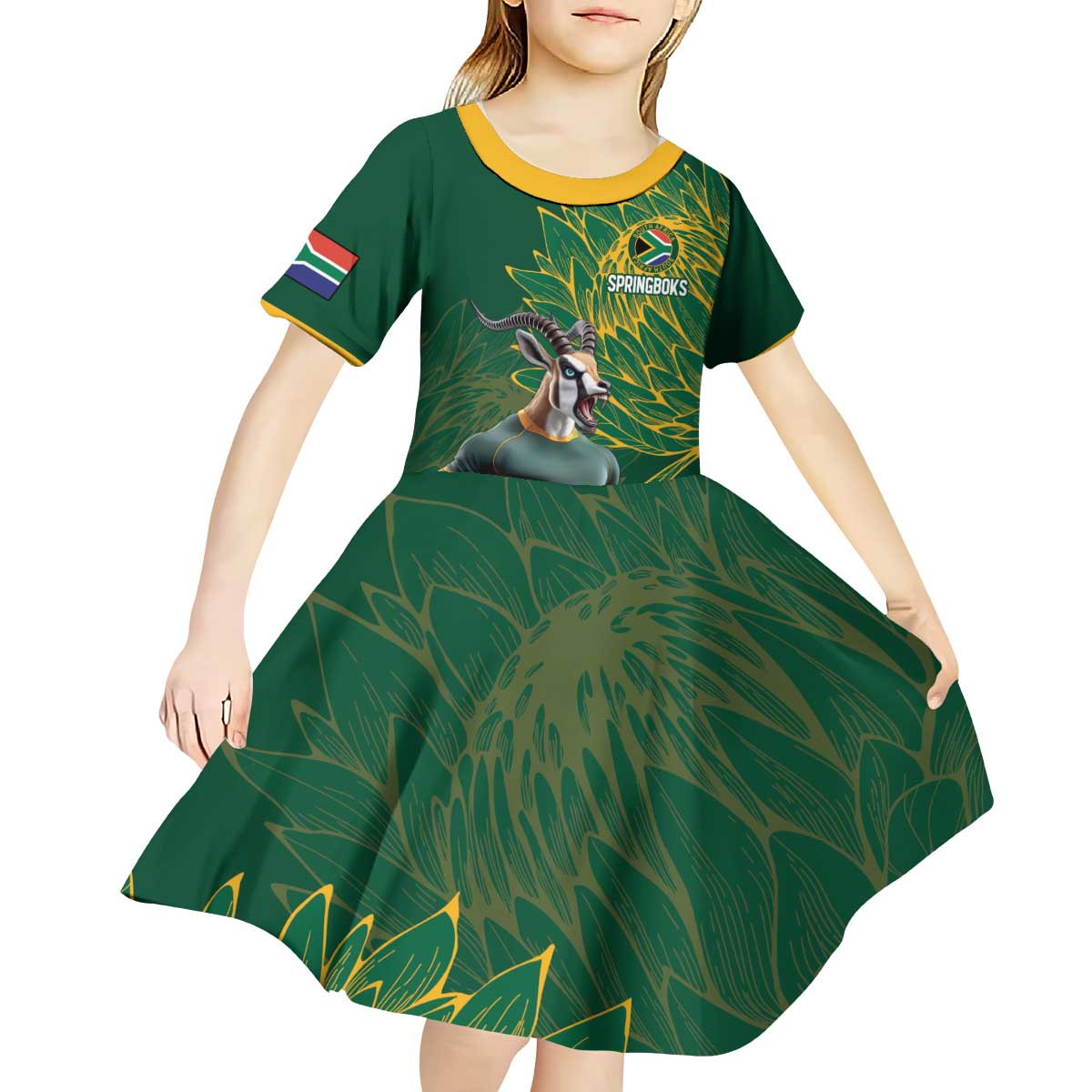 Custom Rugby South Africa Kid Short Sleeve Dress Springboks Mascot - Wonder Print Shop