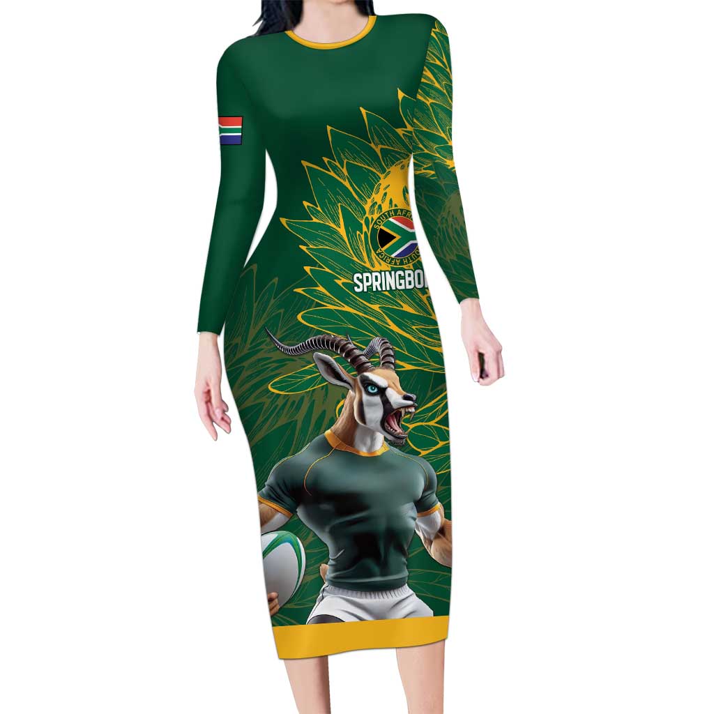 Custom Rugby South Africa Long Sleeve Bodycon Dress Springboks Mascot - Wonder Print Shop