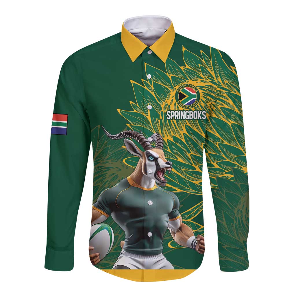 Custom Rugby South Africa Long Sleeve Button Shirt Springboks Mascot - Wonder Print Shop