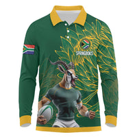 Custom Rugby South Africa Long Sleeve Polo Shirt Springboks Mascot - Wonder Print Shop