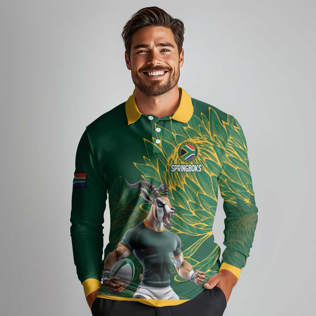 Custom Rugby South Africa Long Sleeve Polo Shirt Springboks Mascot - Wonder Print Shop