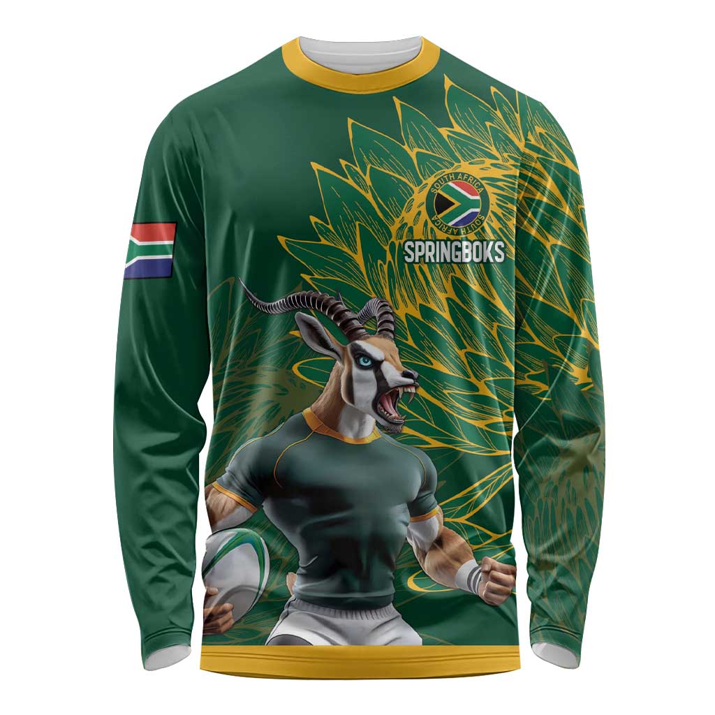 Custom Rugby South Africa Long Sleeve Shirt Springboks Mascot - Wonder Print Shop