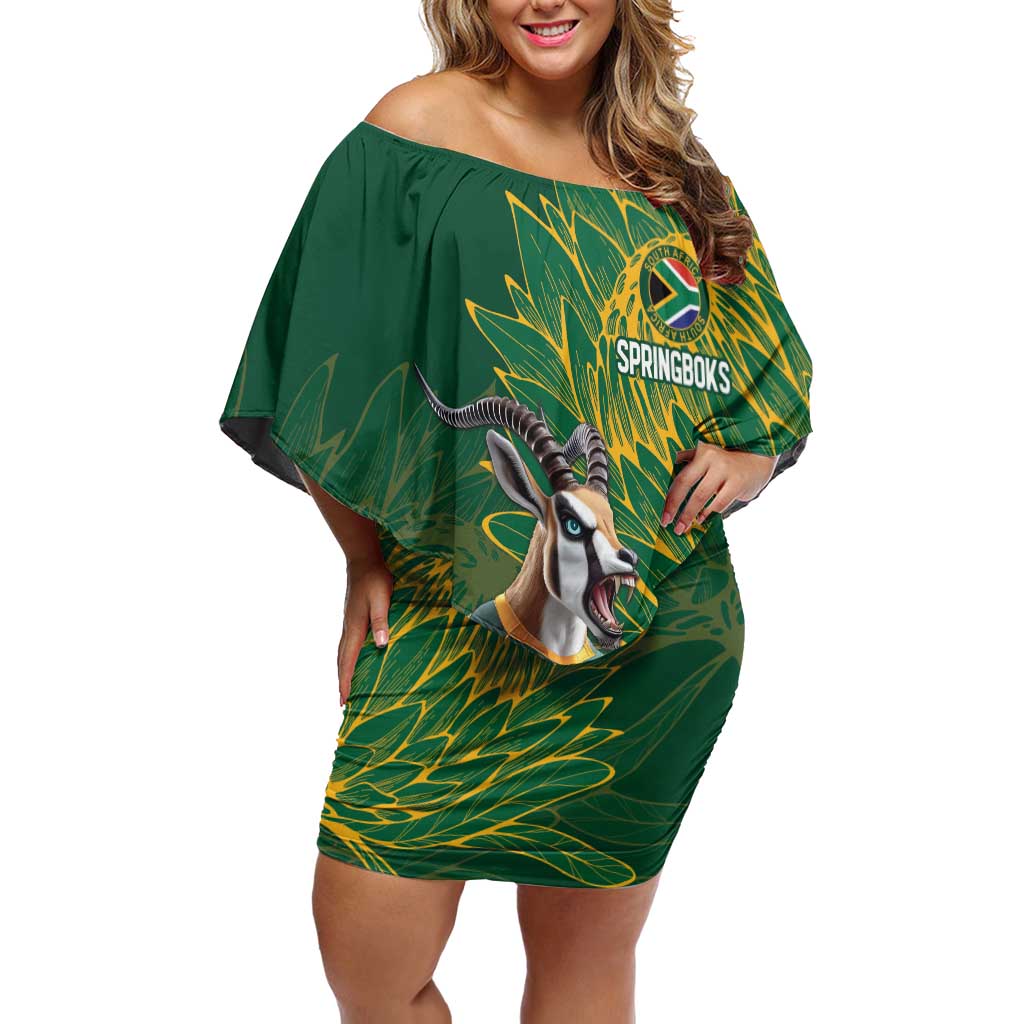 Custom Rugby South Africa Off Shoulder Short Dress Springboks Mascot - Wonder Print Shop