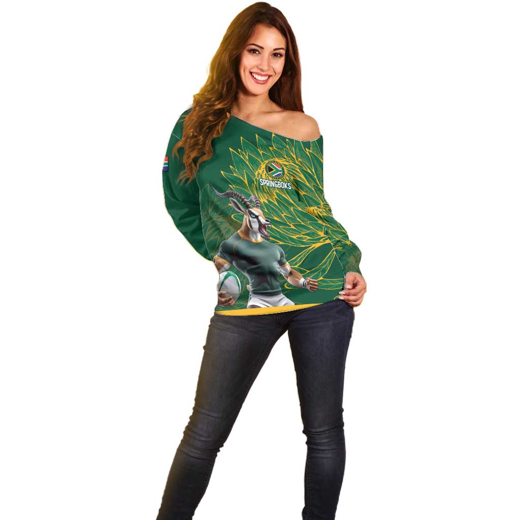 Custom Rugby South Africa Off Shoulder Sweater Springboks Mascot - Wonder Print Shop
