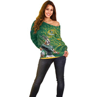 Custom Rugby South Africa Off Shoulder Sweater Springboks Mascot - Wonder Print Shop
