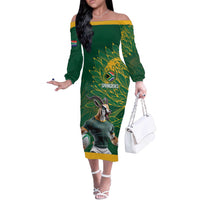 Custom Rugby South Africa Off The Shoulder Long Sleeve Dress Springboks Mascot - Wonder Print Shop