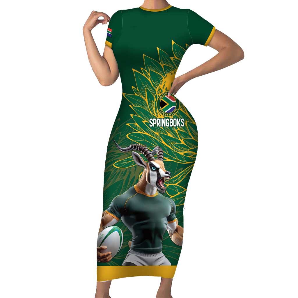 Custom Rugby South Africa Short Sleeve Bodycon Dress Springboks Mascot - Wonder Print Shop