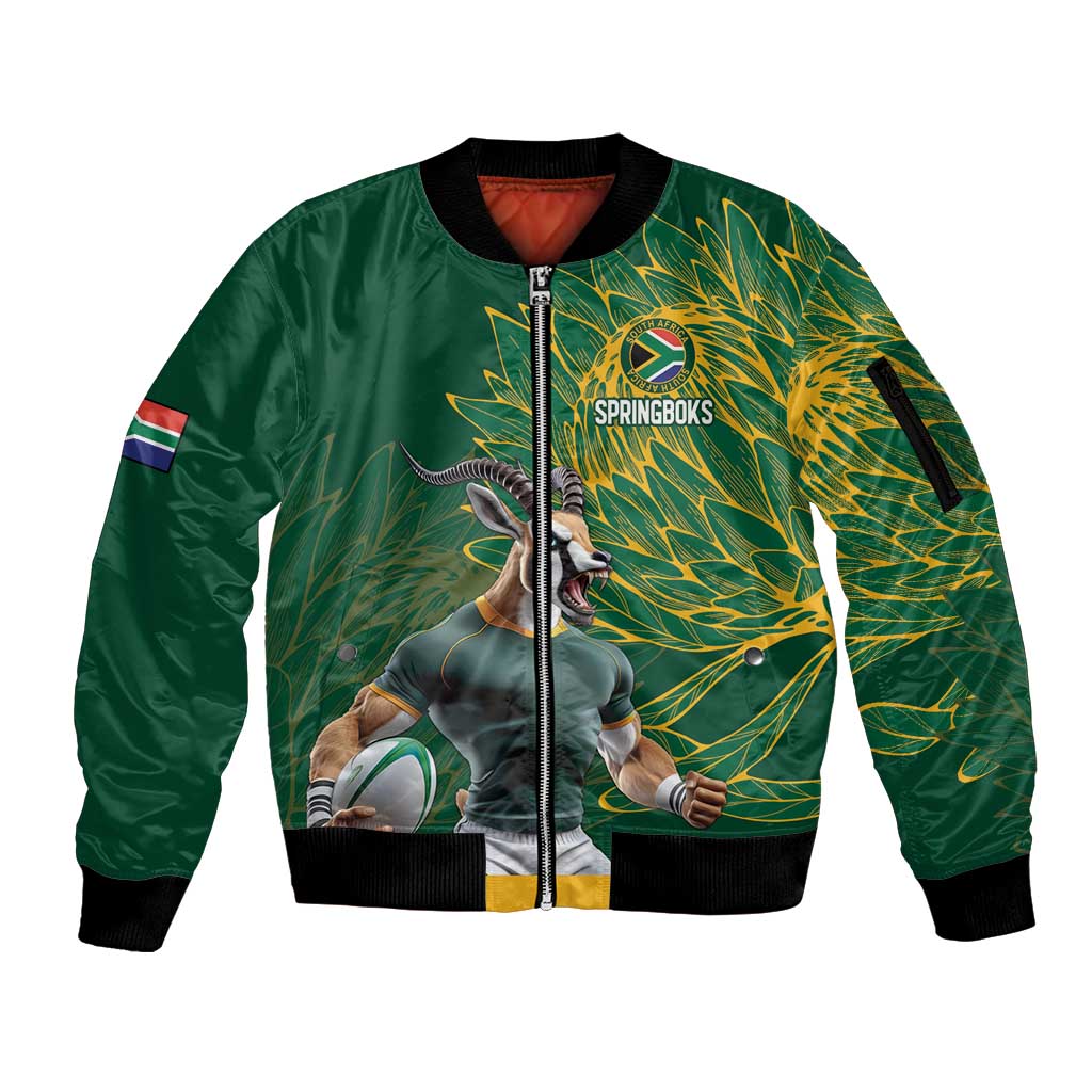 Custom Rugby South Africa Sleeve Zip Bomber Jacket Springboks Mascot - Wonder Print Shop