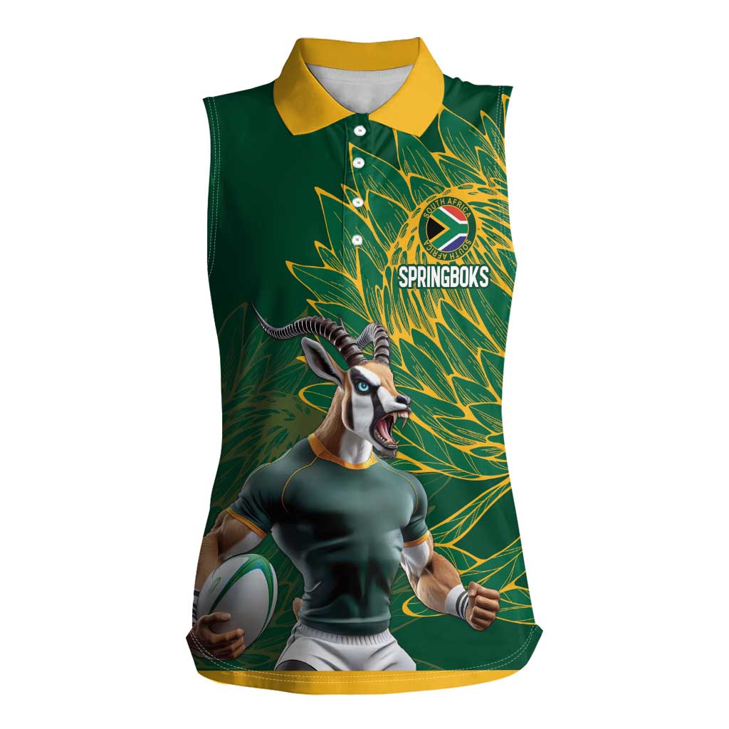 Custom Rugby South Africa Women Sleeveless Polo Shirt Springboks Mascot - Wonder Print Shop