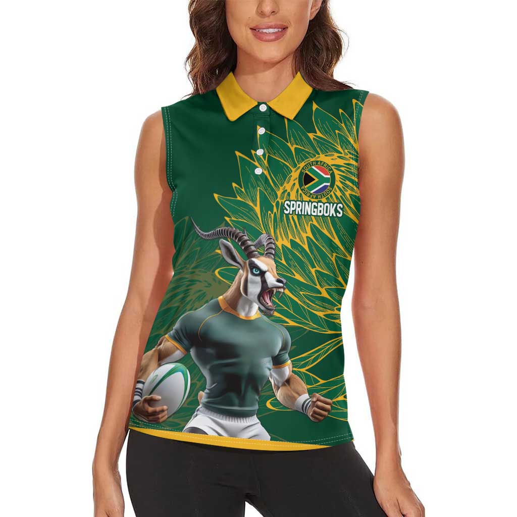 Custom Rugby South Africa Women Sleeveless Polo Shirt Springboks Mascot - Wonder Print Shop