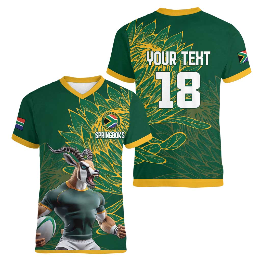 Custom Rugby South Africa Women V-Neck T-Shirt Springboks Mascot - Wonder Print Shop
