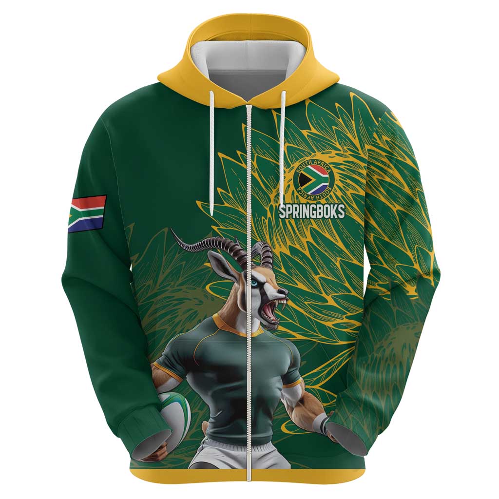 Custom Rugby South Africa Zip Hoodie Springboks Mascot - Wonder Print Shop