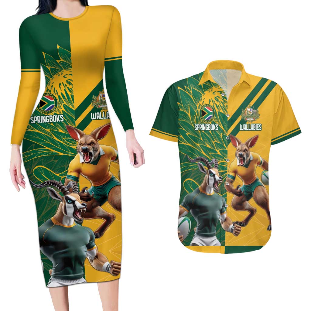 Personalized Rugby South Africa Australia Couples Matching Long Sleeve Bodycon Dress and Hawaiian Shirt Springboks Wallabies Mascot Go Champions - Wonder Print Shop