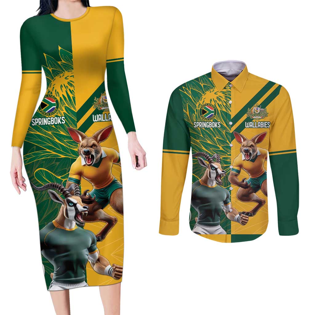 Personalized Rugby South Africa Australia Couples Matching Long Sleeve Bodycon Dress and Long Sleeve Button Shirt Springboks Wallabies Mascot Go Champions - Wonder Print Shop