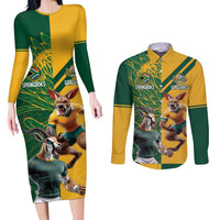 Personalized Rugby South Africa Australia Couples Matching Long Sleeve Bodycon Dress and Long Sleeve Button Shirt Springboks Wallabies Mascot Go Champions - Wonder Print Shop