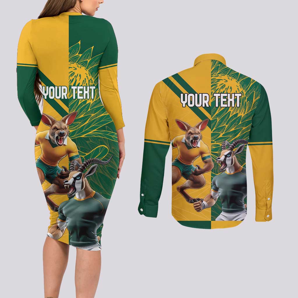 Personalized Rugby South Africa Australia Couples Matching Long Sleeve Bodycon Dress and Long Sleeve Button Shirt Springboks Wallabies Mascot Go Champions - Wonder Print Shop