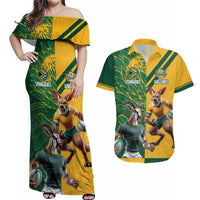 Personalized Rugby South Africa Australia Couples Matching Off Shoulder Maxi Dress and Hawaiian Shirt Springboks Wallabies Mascot Go Champions - Wonder Print Shop