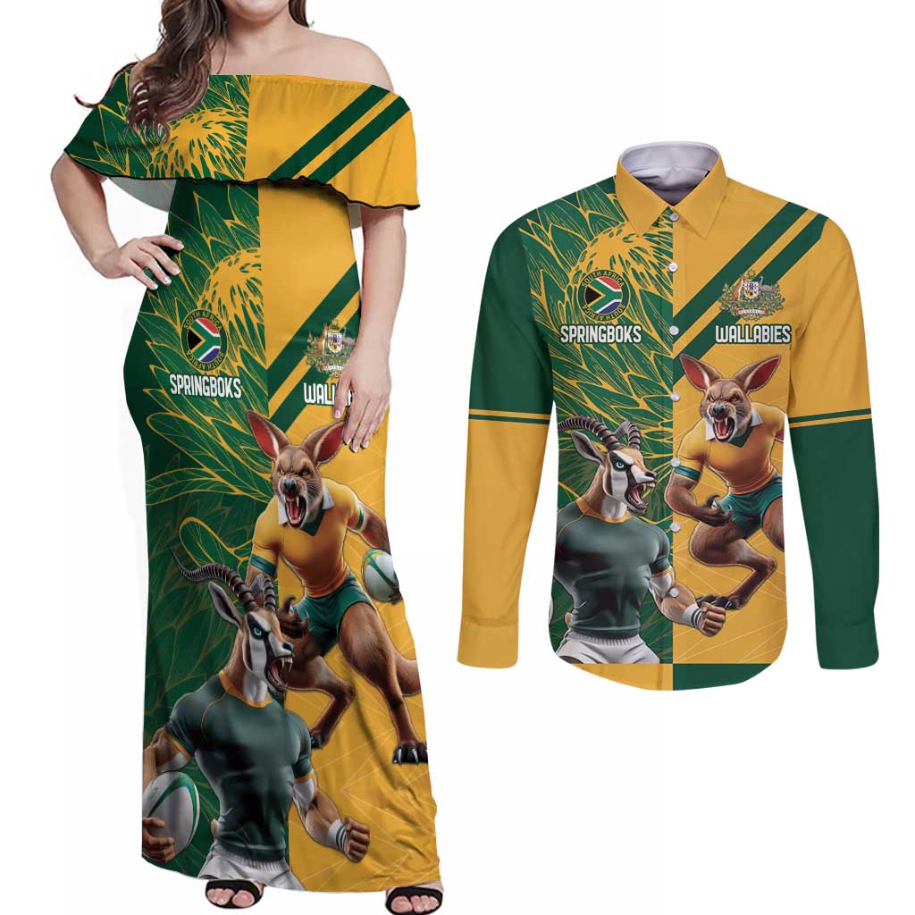 Personalized Rugby South Africa Australia Couples Matching Off Shoulder Maxi Dress and Long Sleeve Button Shirt Springboks Wallabies Mascot Go Champions - Wonder Print Shop
