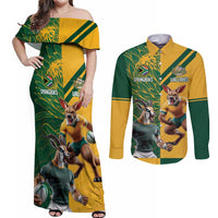 Personalized Rugby South Africa Australia Couples Matching Off Shoulder Maxi Dress and Long Sleeve Button Shirt Springboks Wallabies Mascot Go Champions - Wonder Print Shop