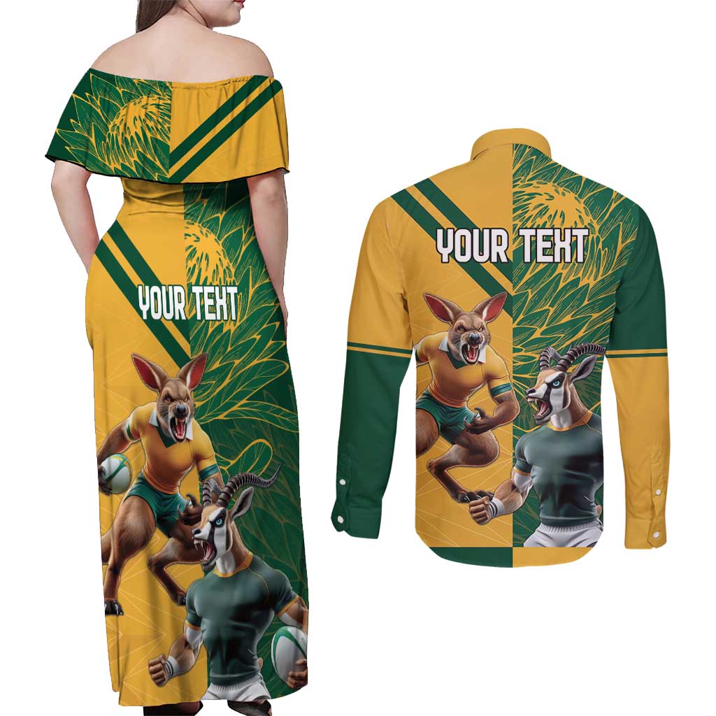 Personalized Rugby South Africa Australia Couples Matching Off Shoulder Maxi Dress and Long Sleeve Button Shirt Springboks Wallabies Mascot Go Champions - Wonder Print Shop