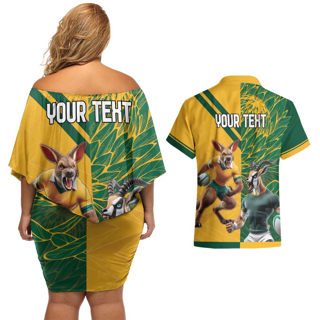 Personalized Rugby South Africa Australia Couples Matching Off Shoulder Short Dress and Hawaiian Shirt Springboks Wallabies Mascot Go Champions - Wonder Print Shop