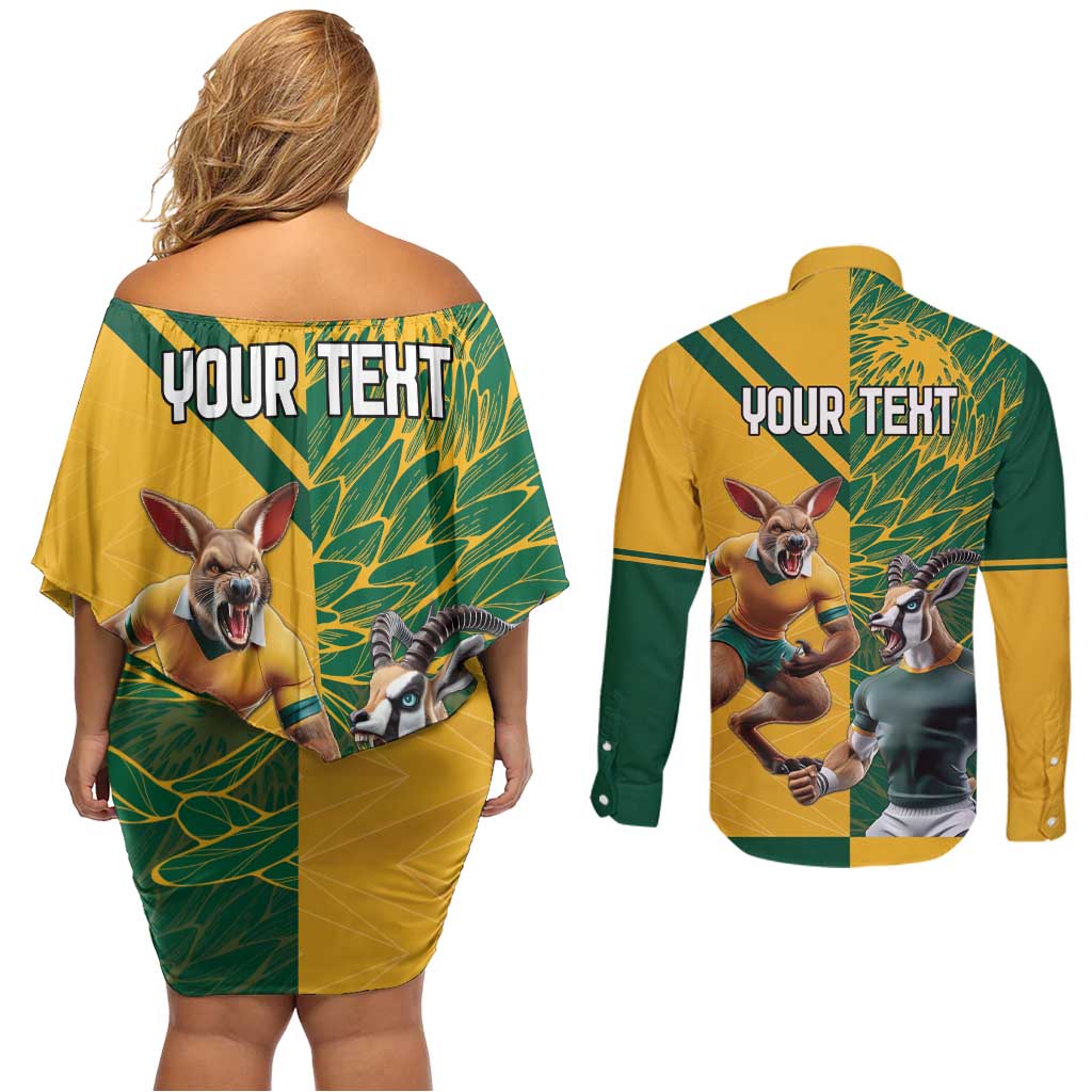 Personalized Rugby South Africa Australia Couples Matching Off Shoulder Short Dress and Long Sleeve Button Shirt Springboks Wallabies Mascot Go Champions - Wonder Print Shop
