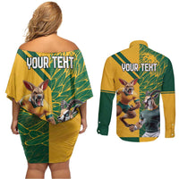 Personalized Rugby South Africa Australia Couples Matching Off Shoulder Short Dress and Long Sleeve Button Shirt Springboks Wallabies Mascot Go Champions - Wonder Print Shop